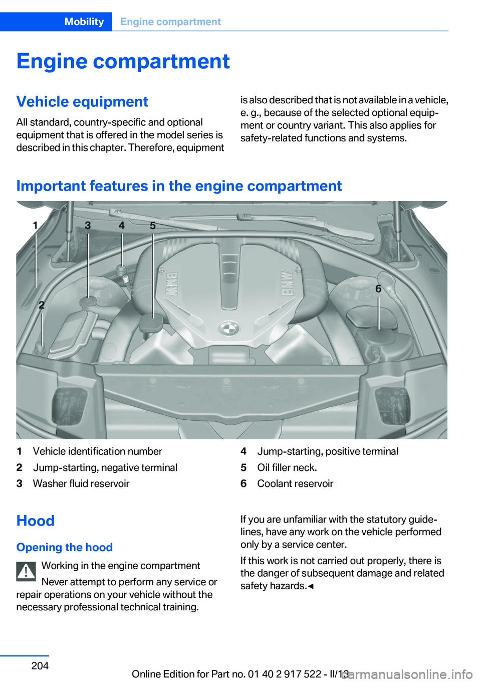 BMW 528I XDRIVE 2013  Owners Manual Engine compartmentVehicle equipment
All standard, country-specific and optional
equipment that is offered in the model series is
described in this chapter. Therefore, equipmentis also described that i