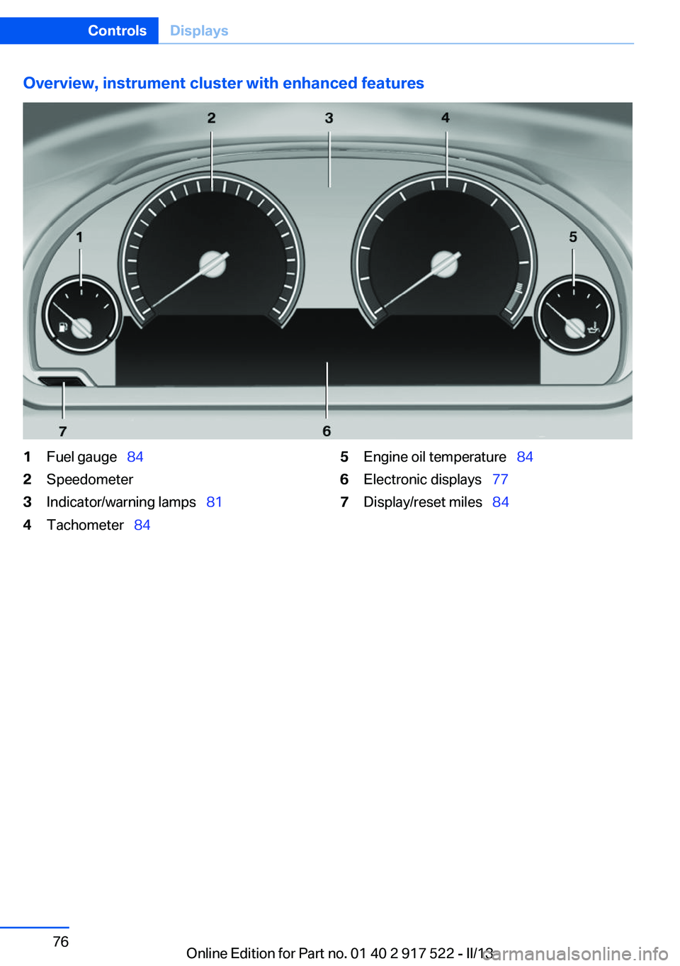 BMW 528I XDRIVE 2013  Owners Manual Overview, instrument cluster with enhanced features1Fuel gauge  842Speedometer3Indicator/warning lamps   814Tachometer  845Engine oil temperature   846Electronic displays  777Displ