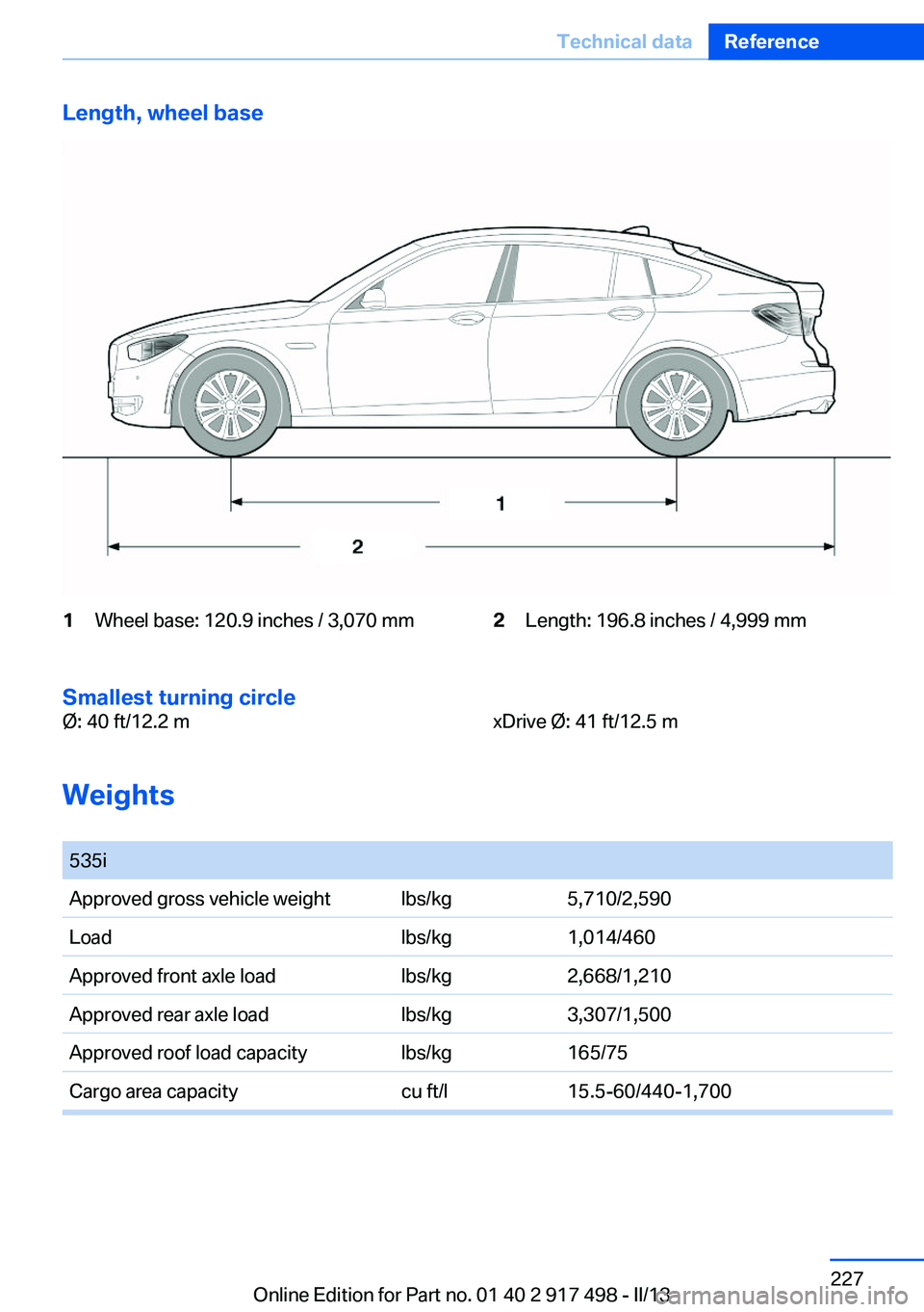 BMW 535I GRAN TURISMO 2013 Owners Manual Length, wheel base1Wheel base: 120.9 inches / 3,070 mm2Length: 196.8 inches / 4,999 mm
Smallest turning circle
Ø: 40 ft/12.2 mxDrive Ø: 41 ft/12.5 m
Weights
535iApproved gross vehicle weightlbs/kg BMW 535I GRAN TURISMO 2013 Owners Manual Length, wheel base1Wheel base: 120.9 inches / 3,070 mm2Length: 196.8 inches / 4,999 mm
Smallest turning circle
Ø: 40 ft/12.2 mxDrive Ø: 41 ft/12.5 m
Weights
535iApproved gross vehicle weightlbs/kg