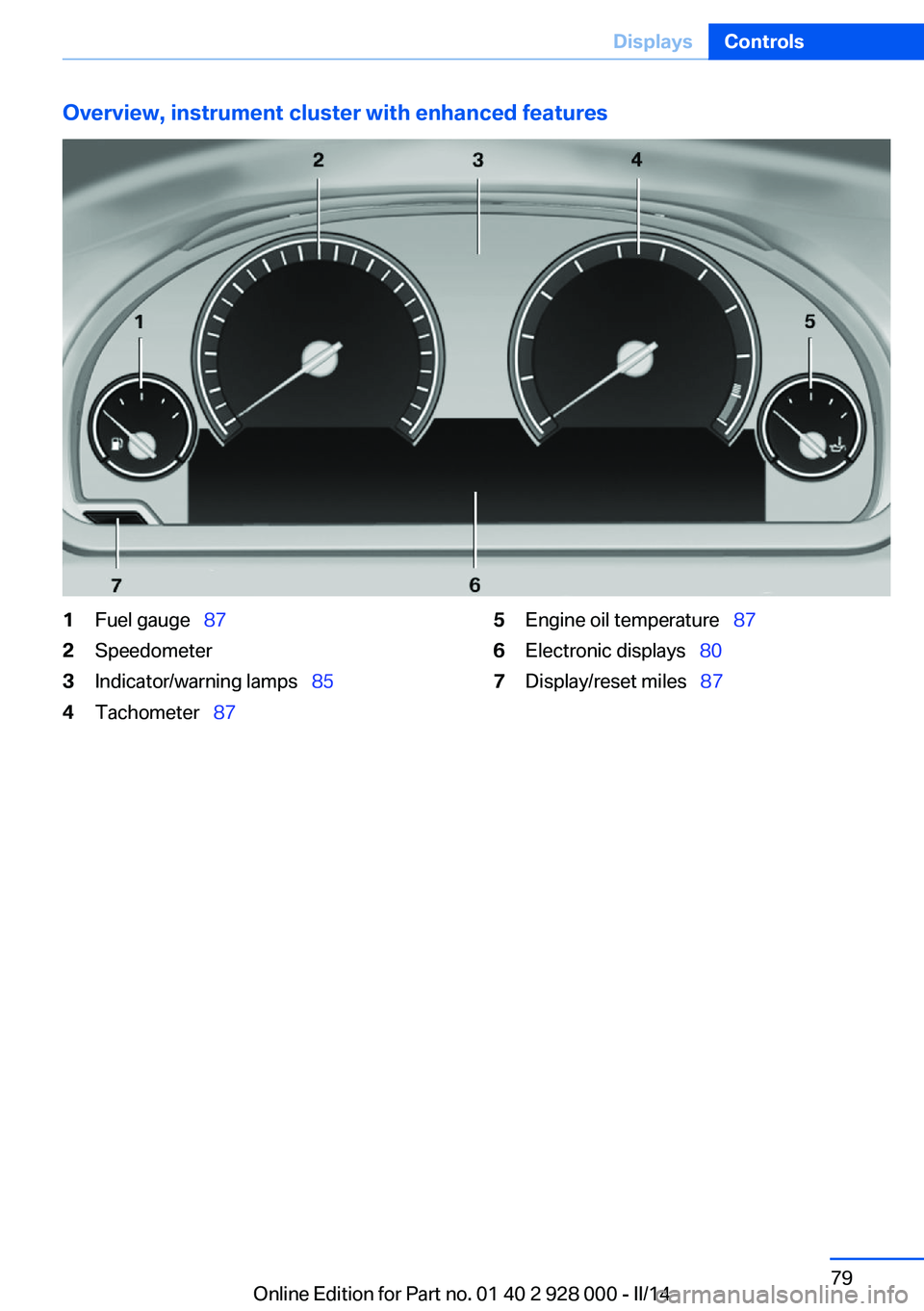 BMW 535I XDRIVE 2014 Owners Manual Overview, instrument cluster with enhanced features1Fuel gauge 872Speedometer3Indicator/warning lamps 854Tachometer 875Engine oil temperature 876Electronic displays 807Displ BMW 535I XDRIVE 2014 Owners Manual Overview, instrument cluster with enhanced features1Fuel gauge 872Speedometer3Indicator/warning lamps 854Tachometer 875Engine oil temperature 876Electronic displays 807Displ