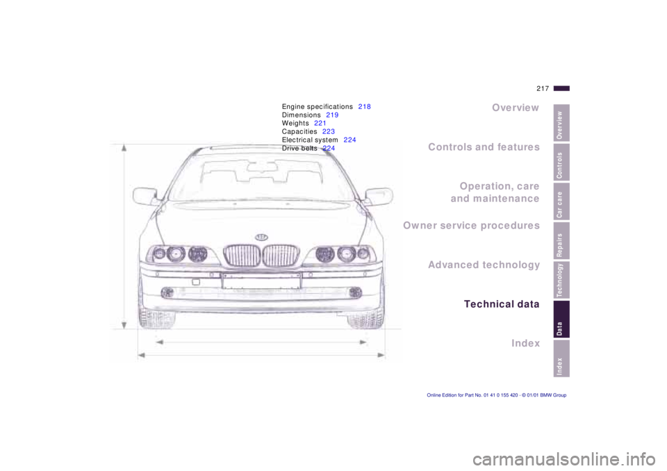 BMW 540I SEDAN 2001  Owners Manual Index
Data
Technology
Repairs
Car care
Controls
Overview
Overview
Controls and features Operation, care
and maintenance
Technical data Index
Advanced technology
217
n
Owner service procedures
Engine s