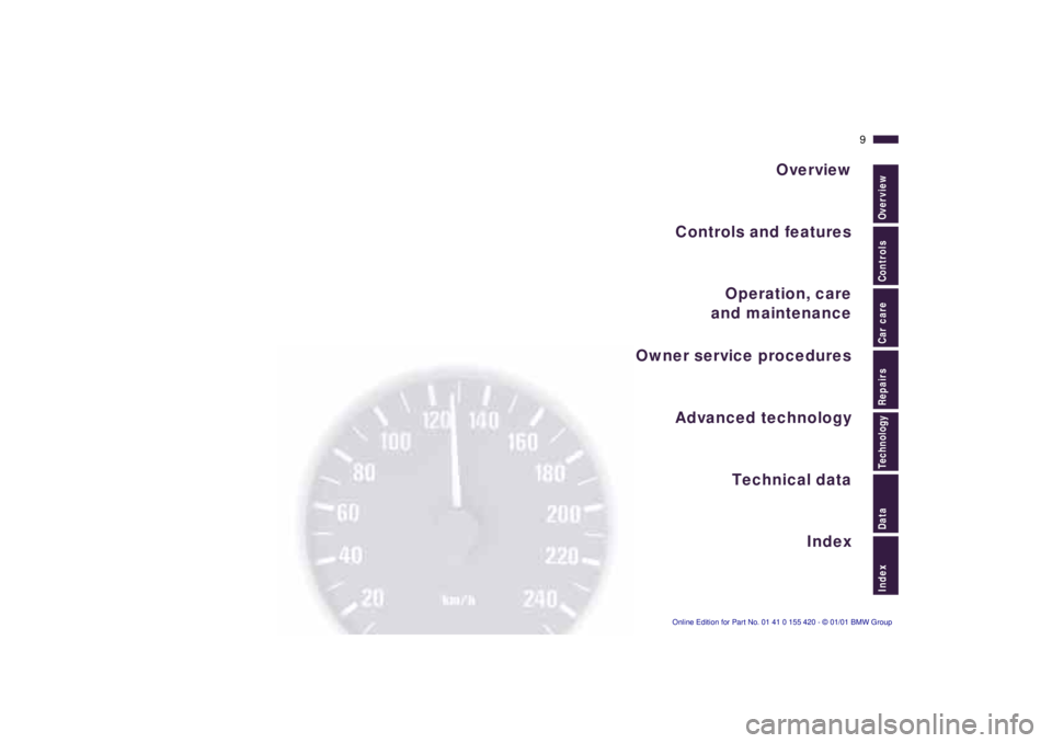 BMW 540I SEDAN 2001 Owners Manual
IndexDataTechnologyRepairsCar careControlsOverview
Overview
Controls and features
Operation, care
and maintenance
Owner service procedures
Technical data
Index Advanced technology
9n BMW 540I SEDAN 2001 Owners Manual
IndexDataTechnologyRepairsCar careControlsOverview
Overview
Controls and features
Operation, care
and maintenance
Owner service procedures
Technical data
Index Advanced technology
9n