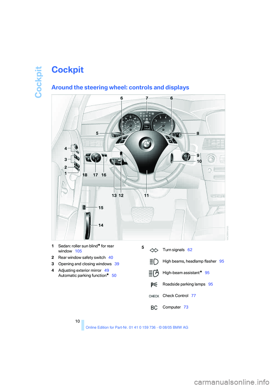 BMW 550I 2006  Owners Manual Cockpit
10
Cockpit
Around the steering wheel: controls and displays
1Sedan: roller sun blind* for rear 
window105
2Rear window safety switch40
3Opening and closing windows39
4Adjusting exterior mirror