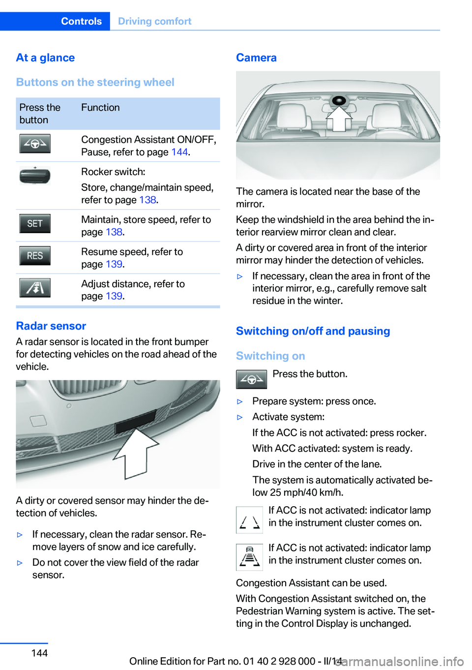 BMW 550I SEDAN 2014  Owners Manual At a glance
Buttons on the steering wheelPress the
buttonFunctionCongestion Assistant ON/OFF,
Pause, refer to page  144.Rocker switch:
Store, change/maintain speed,
refer to page  138.Maintain, store 