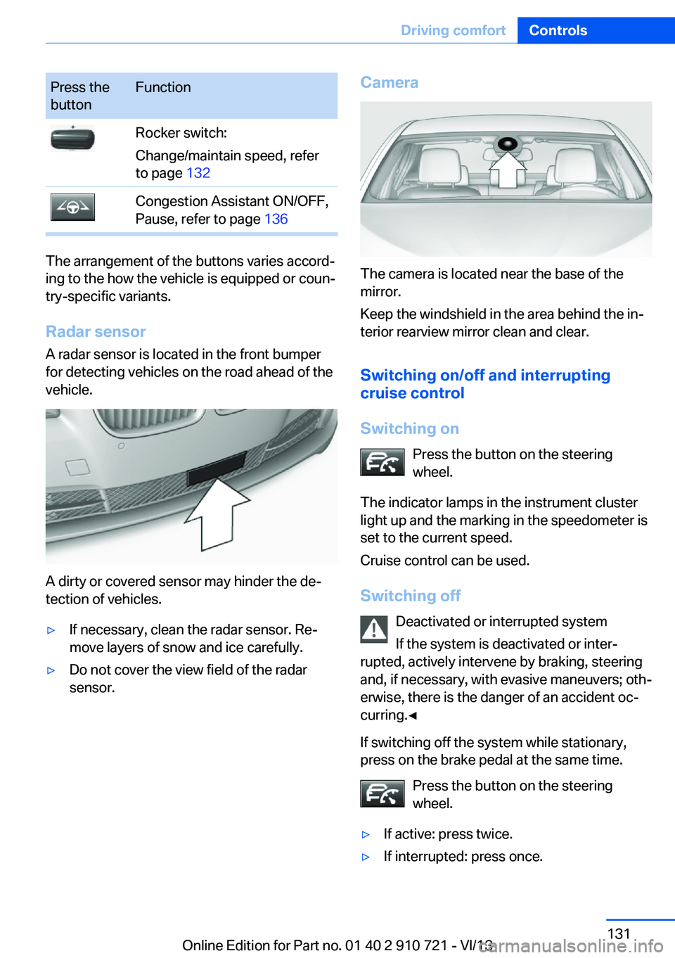 BMW 640I CONVERTIBLE 2014  Owners Manual Press the
buttonFunctionRocker switch:
Change/maintain speed, refer
to page  132Congestion Assistant ON/OFF,
Pause, refer to page  136
The arrangement of the buttons varies accord‐
ing to the how th