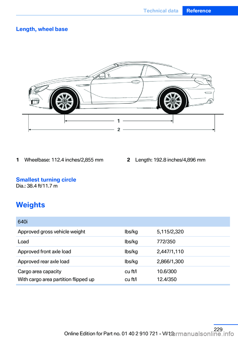 BMW 640I CONVERTIBLE 2014  Owners Manual Length, wheel base1Wheelbase: 112.4 inches/2,855 mm2Length: 192.8 inches/4,896 mm
Smallest turning circle
Dia.: 38.4 ft/11.7 m
Weights
 
640iApproved gross vehicle weightlbs/kg5,115/2,320Loadlbs/kg772