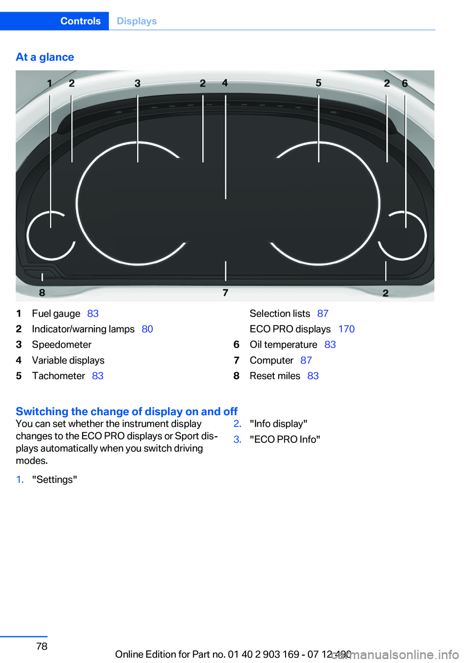 BMW 640I CONVERTIBLE 2013 Manual PDF At a glance1Fuel gauge 832Indicator/warning lamps 803Speedometer4Variable displays5Tachometer 83Selection lists 87
ECO PRO displays 1706Oil temperature 837Computer BMW 640I CONVERTIBLE 2013 Manual PDF At a glance1Fuel gauge 832Indicator/warning lamps 803Speedometer4Variable displays5Tachometer 83Selection lists 87
ECO PRO displays 1706Oil temperature 837Computer