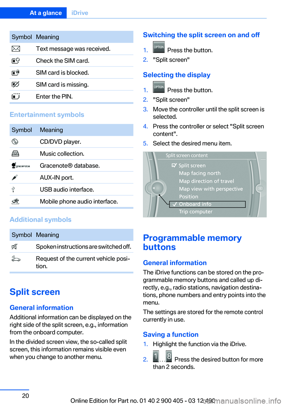 BMW 640I GRAN COUPE 2013  Owners Manual SymbolMeaning Text message was received. Check the SIM card. SIM card is blocked. SIM card is missing. Enter the PIN.
Entertainment symbols
SymbolMeaning CD/DVD player. Music collection. Gracenote® d