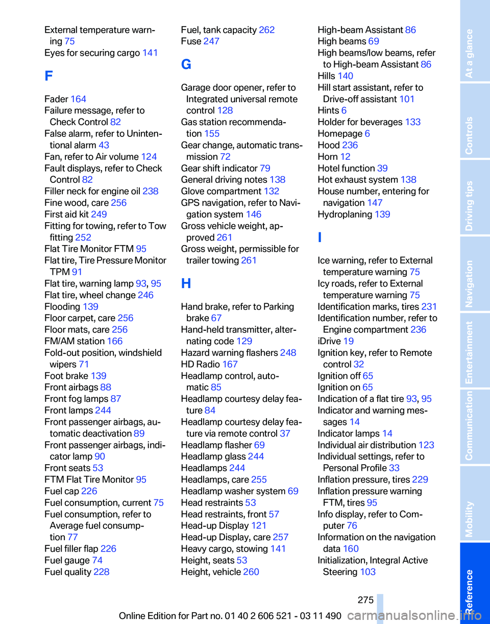 BMW 650I CONVERTIBLE 2012  Owners Manual External temperature warn‐
ing 75 
Eyes for securing cargo 141 
F
Fader 164 
Failure message, refer to Check Control 82 
False alarm, refer to Uninten‐ tional alarm  43 
Fan, refer to Air volume  
