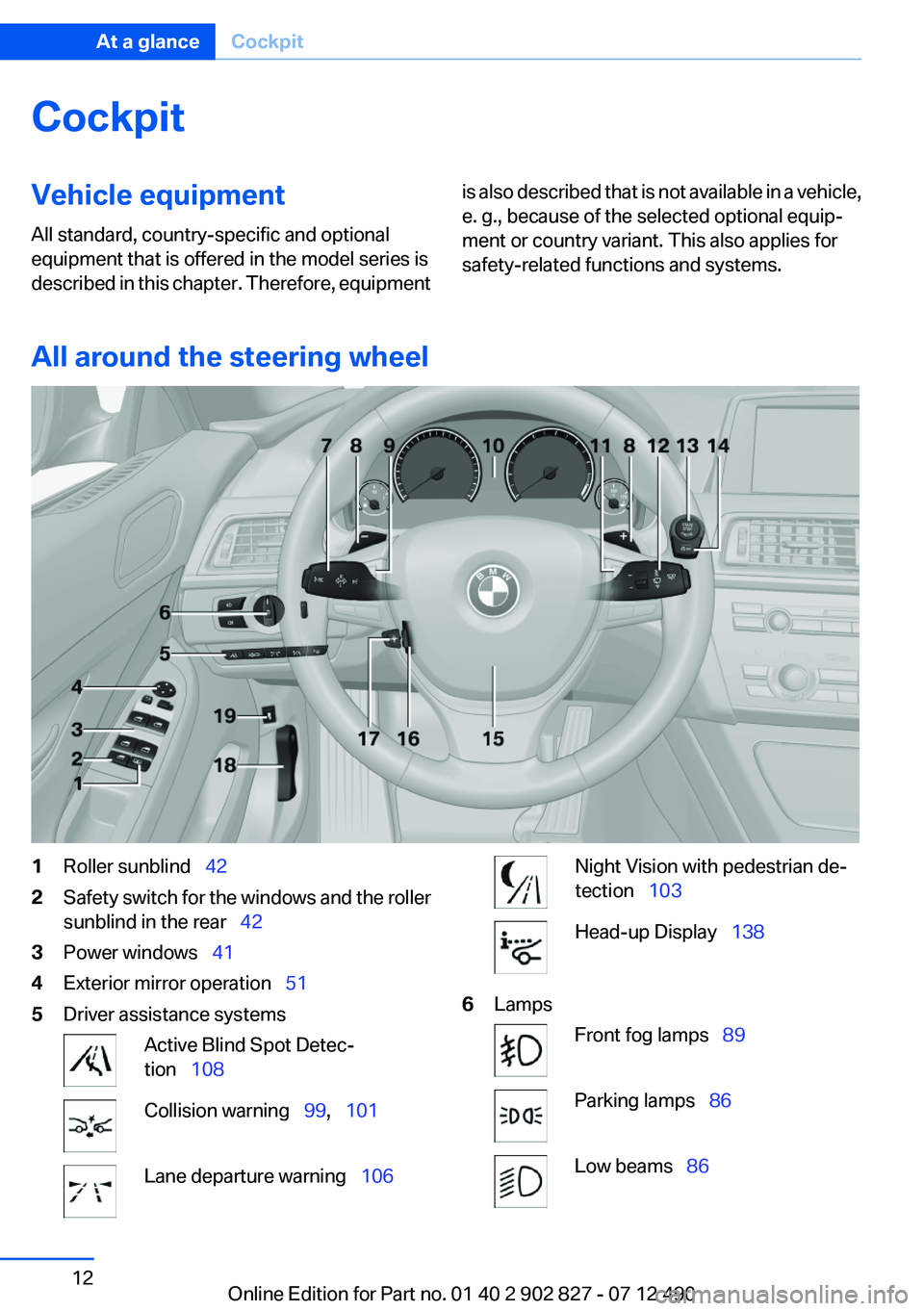 BMW 650I GRAN COUPE 2013 User Guide CockpitVehicle equipment
All standard, country-specific and optional
equipment that is offered in the model series is
described in this chapter. Therefore, equipmentis also described that is not avail