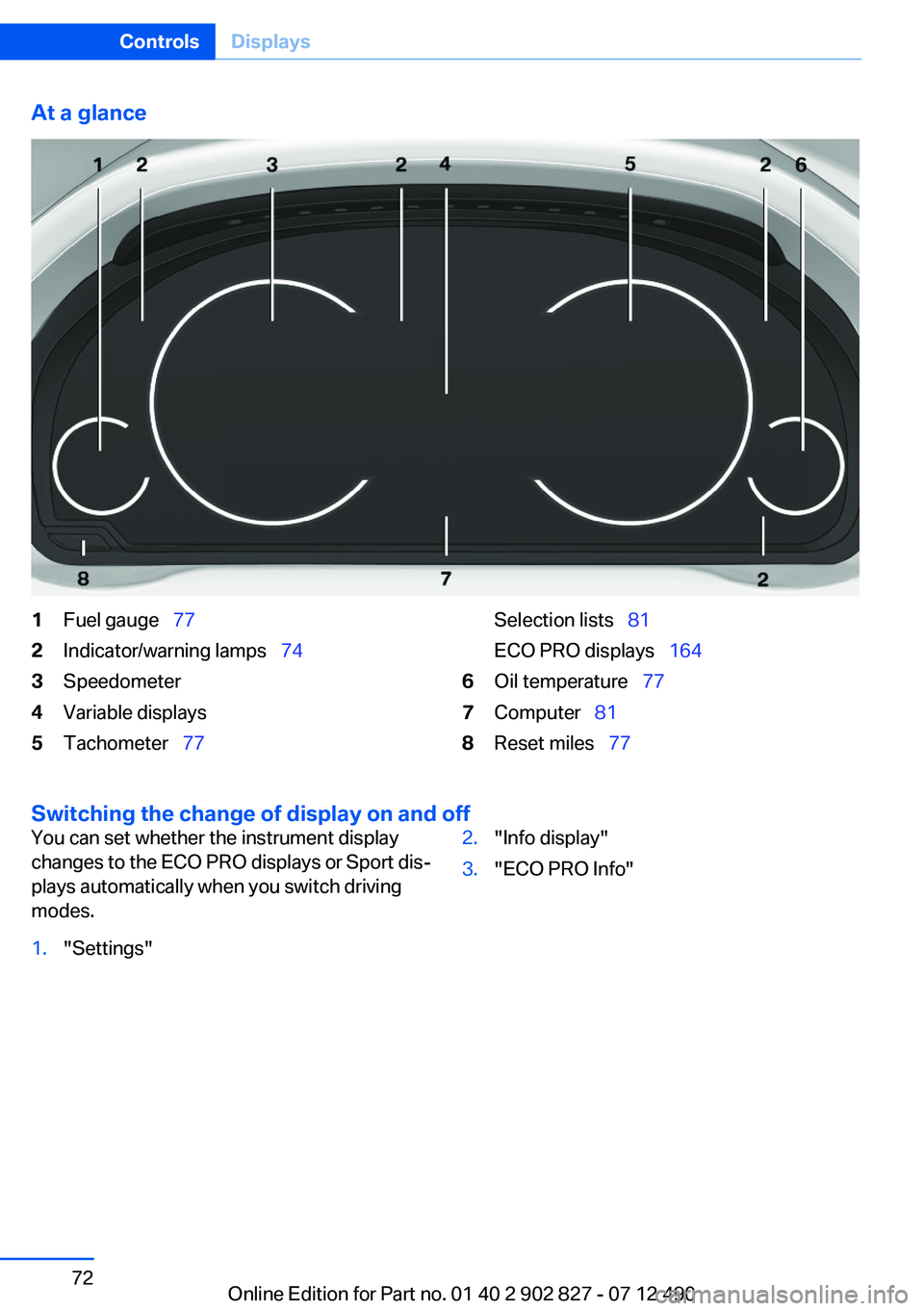 BMW 650I GRAN COUPE 2013 Manual PDF At a glance1Fuel gauge 772Indicator/warning lamps 743Speedometer4Variable displays5Tachometer 77Selection lists 81
ECO PRO displays 1646Oil temperature 777Computer BMW 650I GRAN COUPE 2013 Manual PDF At a glance1Fuel gauge 772Indicator/warning lamps 743Speedometer4Variable displays5Tachometer 77Selection lists 81
ECO PRO displays 1646Oil temperature 777Computer