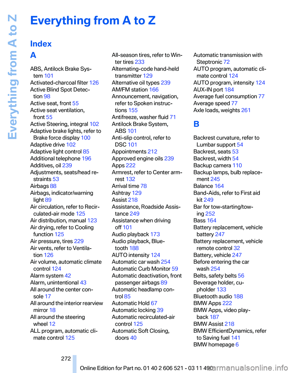 BMW 650I XDRIVE CONVERTIBLE 2012  Owners Manual Everything from A to Z
Index
A
ABS, Antilock Brake Sys‐
tem 101 
Activated-charcoal filter  126 
Active Blind Spot Detec‐ tion 98 
Active seat, front  55 
Active seat ventilation, front 55 
Active