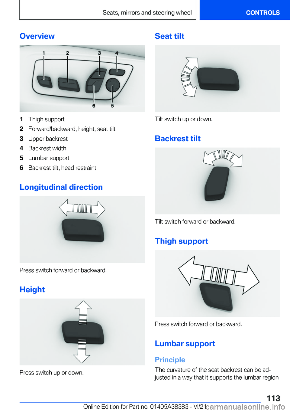 BMW 7 SERIES 2022  Owners Manual �O�v�e�r�v�i�e�w�1�T�h�i�g�h��s�u�p�p�o�r�t�2�F�o�r�w�a�r�d�/�b�a�c�k�w�a�r�d�,��h�e�i�g�h�t�,��s�e�a�t��t�i�l�t�3�U�p�p�e�r��b�a�c�k�r�e�s�t�4�B�a�c�k�r�e�s�t��w�i�d�t�h�5�L�u�m�b�a�r��s�u�p�p