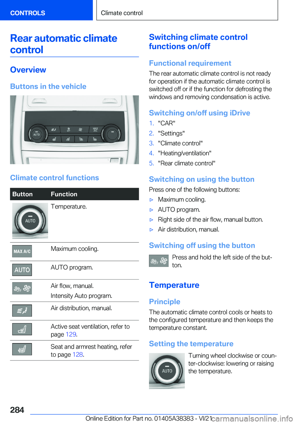 BMW 7 SERIES 2022  Owners Manual �R�e�a�r��a�u�t�o�m�a�t�i�c��c�l�i�m�a�t�e�c�o�n�t�r�o�l
�O�v�e�r�v�i�e�w
�B�u�t�t�o�n�s��i�n��t�h�e��v�e�h�i�c�l�e
�C�l�i�m�a�t�e��c�o�n�t�r�o�l��f�u�n�c�t�i�o�n�s
�B�u�t�t�o�n�F�u�n�c�t�i�o�n