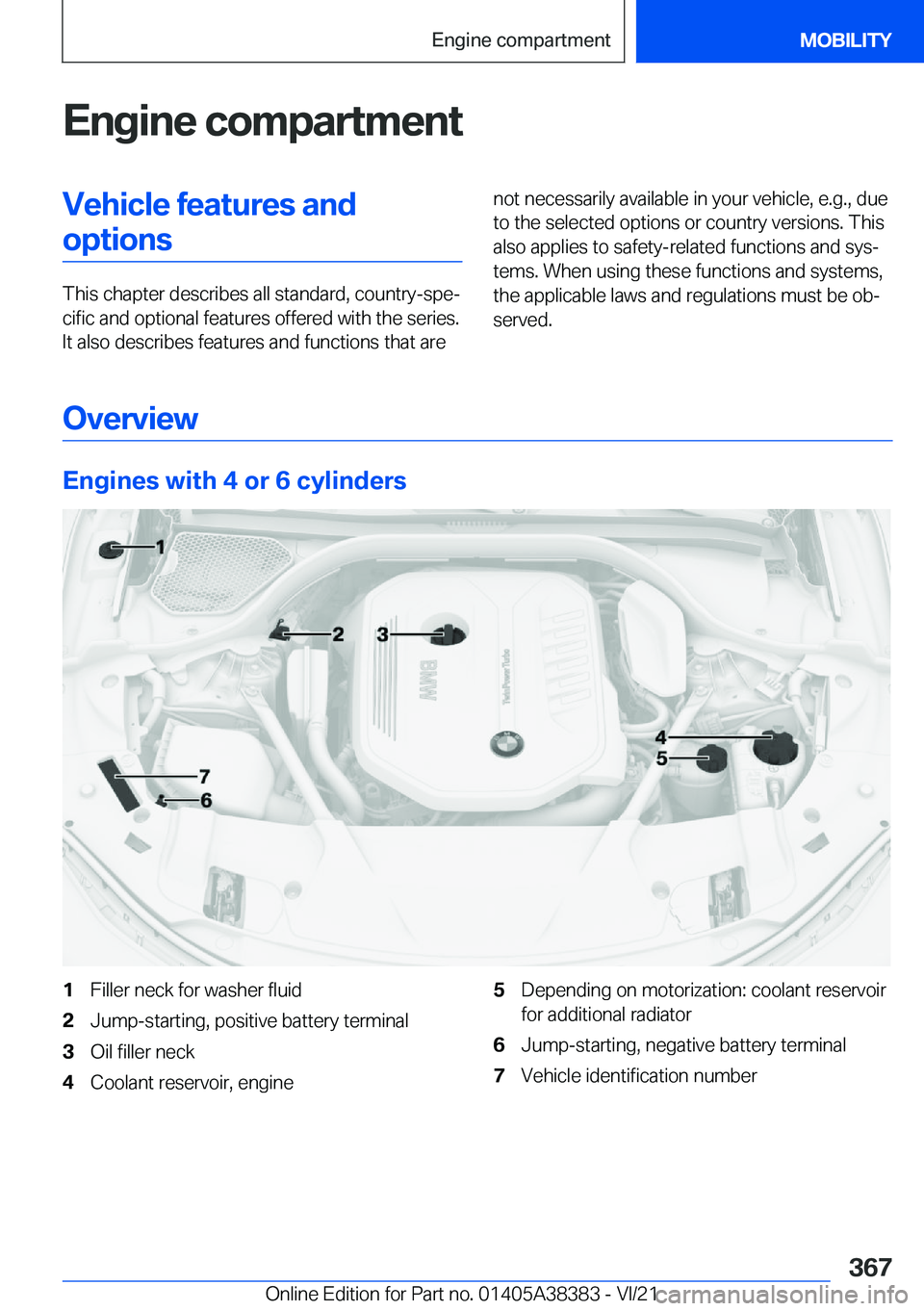 BMW 7 SERIES 2022  Owners Manual �E�n�g�i�n�e��c�o�m�p�a�r�t�m�e�n�t�V�e�h�i�c�l�e��f�e�a�t�u�r�e�s��a�n�d�o�p�t�i�o�n�s
�T�h�i�s��c�h�a�p�t�e�r��d�e�s�c�r�i�b�e�s��a�l�l��s�t�a�n�d�a�r�d�,��c�o�u�n�t�r�y�-�s�p�e#j�c�i�f�i�c�