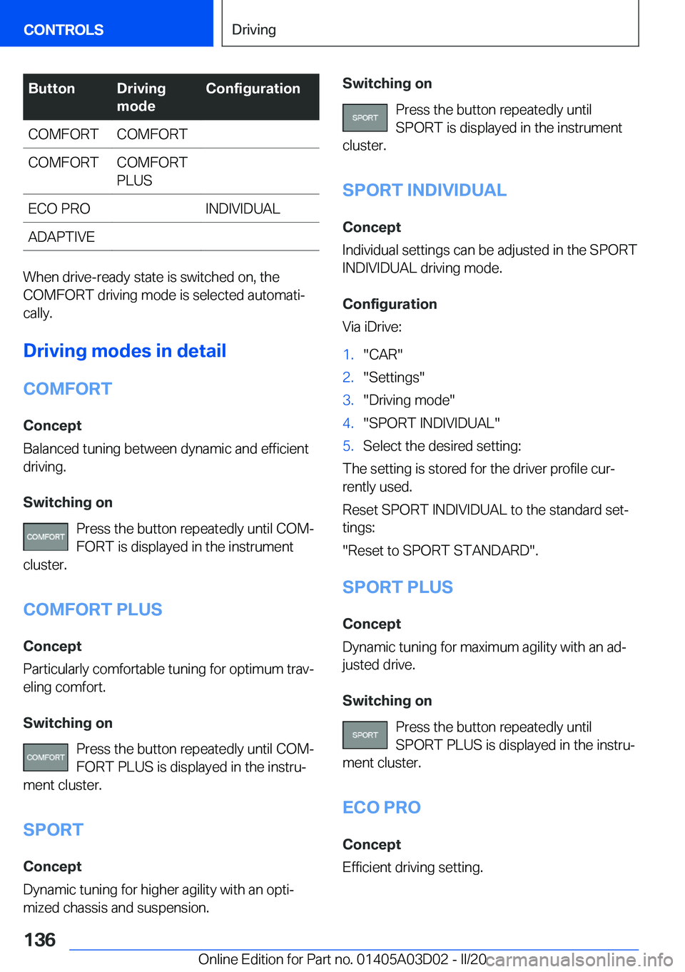 BMW 7 SERIES 2021  Owners Manual �B�u�t�t�o�n�D�r�i�v�i�n�g
�m�o�d�e�C�o�n�f�i�g�u�r�a�t�i�o�n�C�O�M�F�O�R�T�C�O�M�F�O�R�T�C�O�M�F�O�R�T�C�O�M�F�O�R�T
�P�L�U�S�E�C�O��P�R�O�I�N�D�I�V�I�D�U�A�L�A�D�A�P�T�I�V�E
�W�h�e�n��d�r�i�v�e�-�