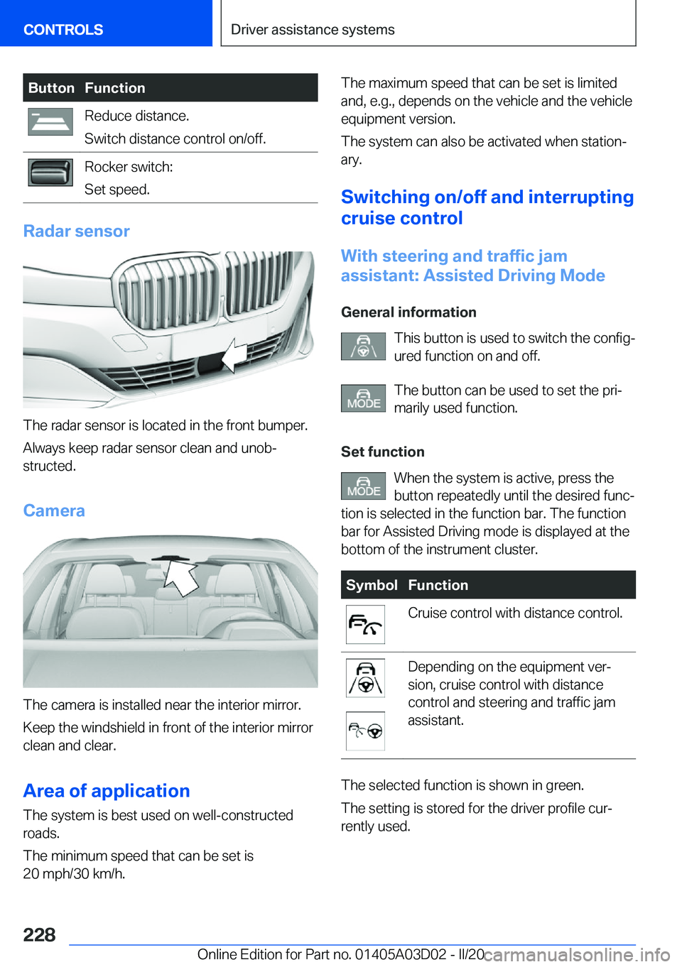 BMW 7 SERIES 2021  Owners Manual �B�u�t�t�o�n�F�u�n�c�t�i�o�n�R�e�d�u�c�e��d�i�s�t�a�n�c�e�.
�S�w�i�t�c�h��d�i�s�t�a�n�c�e��c�o�n�t�r�o�l��o�n�/�o�f�f�.�R�o�c�k�e�r��s�w�i�t�c�h�:
�S�e�t��s�p�e�e�d�.
�R�a�d�a�r��s�e�n�s�o�r
�T