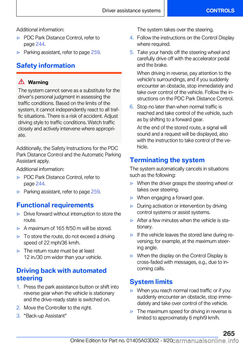 BMW 7 SERIES 2021  Owners Manual �A�d�d�i�t�i�o�n�a�l��i�n�f�o�r�m�a�t�i�o�n�:'x�P�D�C��P�a�r�k��D�i�s�t�a�n�c�e��C�o�n�t�r�o�l�,��r�e�f�e�r��t�o
�p�a�g�e� �2�4�4�.'x�P�a�r�k�i�n�g��a�s�s�i�s�t�a�n�t�,��r�e�f�e�r��t