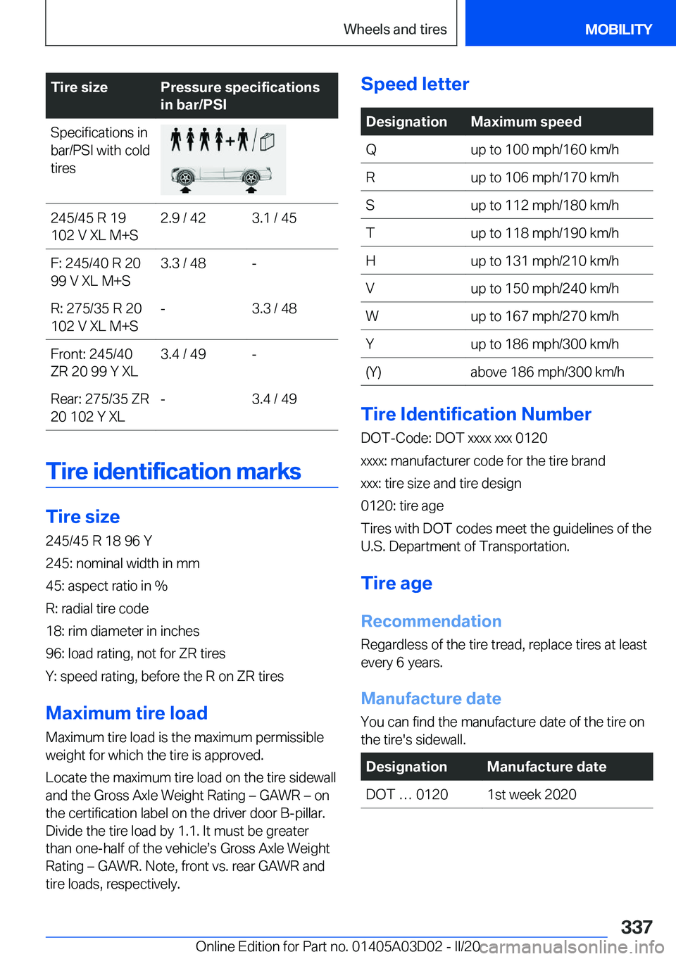 BMW 7 SERIES 2021  Owners Manual �T�i�r�e��s�i�z�e�P�r�e�s�s�u�r�e��s�p�e�c�i�f�i�c�a�t�i�o�n�s
�i�n��b�a�r�/�P�S�I�S�p�e�c�i�f�i�c�a�t�i�o�n�s��i�n
�b�a�r�/�P�S�I��w�i�t�h��c�o�l�d
�t�i�r�e�s�2�4�5�/�4�5��R��1�9
�1�0�2��V�