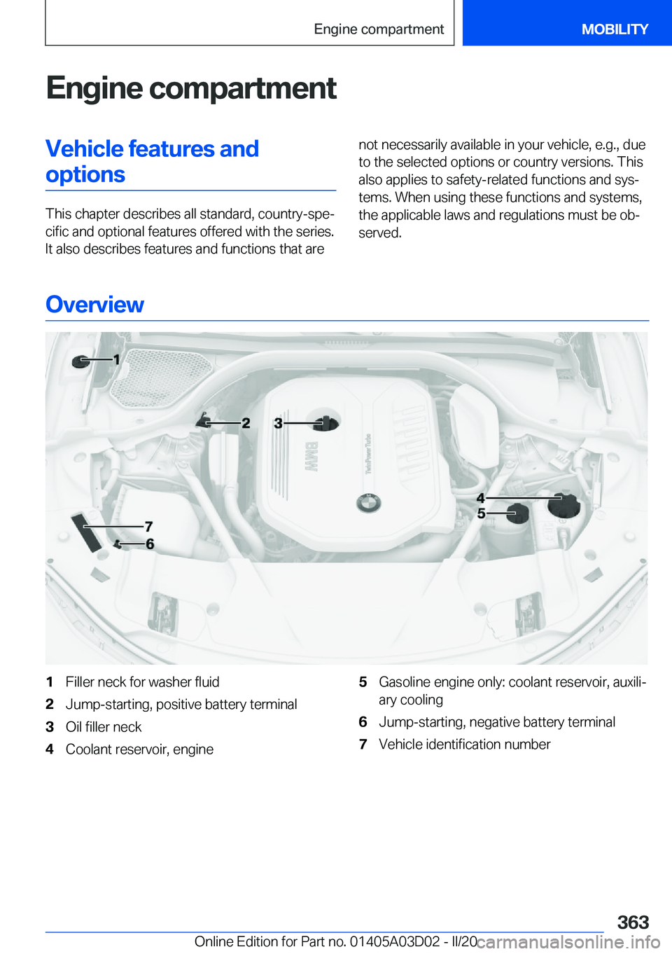 BMW 7 SERIES 2021  Owners Manual �E�n�g�i�n�e��c�o�m�p�a�r�t�m�e�n�t�V�e�h�i�c�l�e��f�e�a�t�u�r�e�s��a�n�d�o�p�t�i�o�n�s
�T�h�i�s��c�h�a�p�t�e�r��d�e�s�c�r�i�b�e�s��a�l�l��s�t�a�n�d�a�r�d�,��c�o�u�n�t�r�y�-�s�p�e#j�c�i�f�i�c�