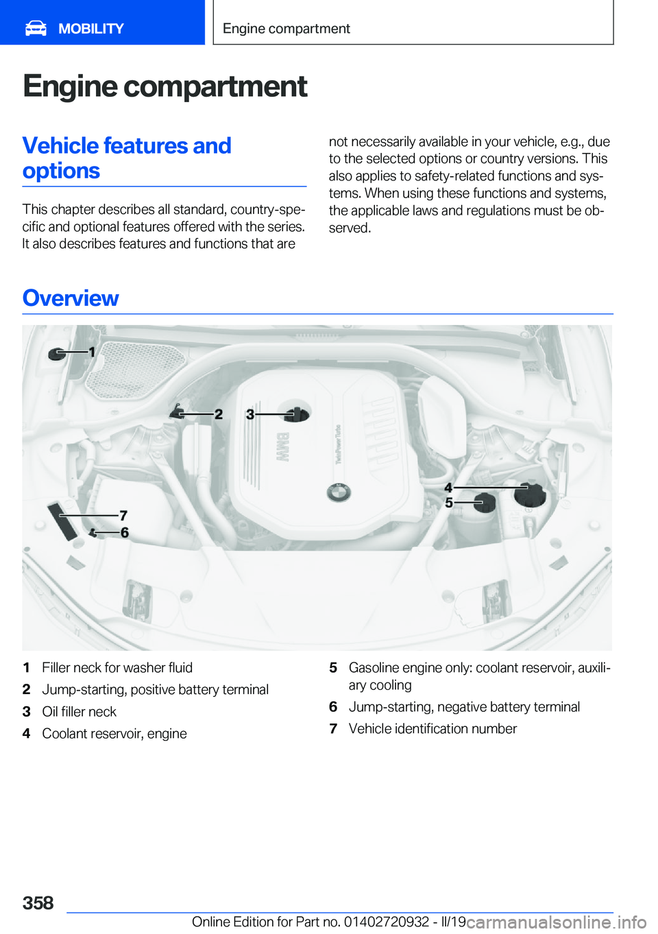 BMW 7 SERIES 2020  Owners Manual �E�n�g�i�n�e��c�o�m�p�a�r�t�m�e�n�t�V�e�h�i�c�l�e��f�e�a�t�u�r�e�s��a�n�d�o�p�t�i�o�n�s
�T�h�i�s��c�h�a�p�t�e�r��d�e�s�c�r�i�b�e�s��a�l�l��s�t�a�n�d�a�r�d�,��c�o�u�n�t�r�y�-�s�p�ej�c�i�f�i�c�