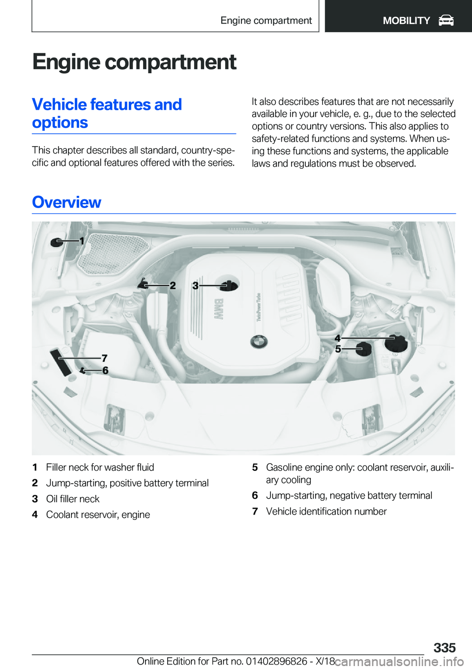 BMW 7 SERIES 2019  Owners Manual �E�n�g�i�n�e��c�o�m�p�a�r�t�m�e�n�t�V�e�h�i�c�l�e��f�e�a�t�u�r�e�s��a�n�d�o�p�t�i�o�n�s
�T�h�i�s��c�h�a�p�t�e�r��d�e�s�c�r�i�b�e�s��a�l�l��s�t�a�n�d�a�r�d�,��c�o�u�n�t�r�y�-�s�p�ej�c�i�f�i�c�