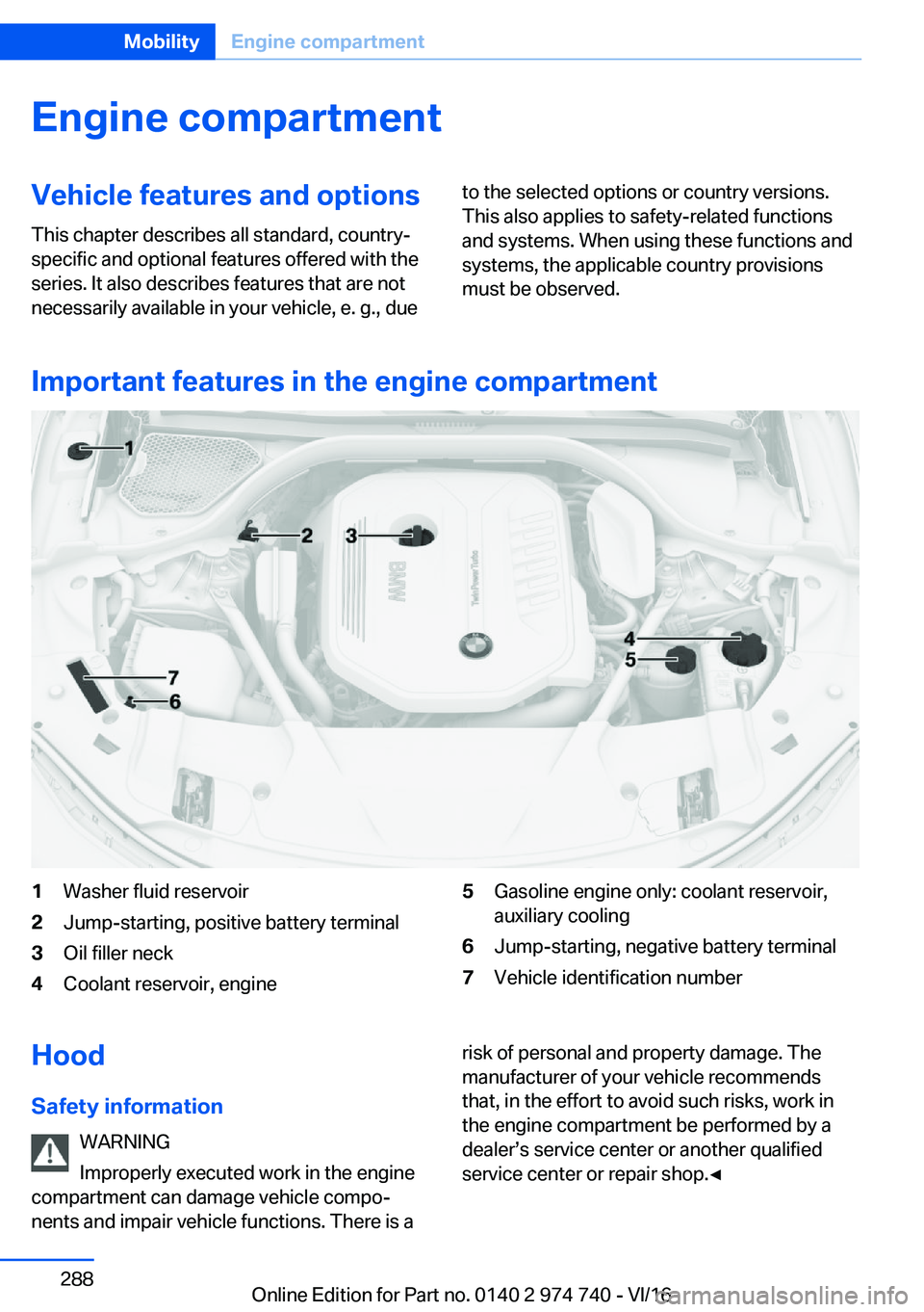 BMW 7 SERIES 2017  Owners Manual �E�n�g�i�n�e��c�o�m�p�a�r�t�m�e�n�t�V�e�h�i�c�l�e��f�e�a�t�u�r�e�s��a�n�d��o�p�t�i�o�n�s�T�h�i�s� �c�h�a�p�t�e�r� �d�e�s�c�r�i�b�e�s� �a�l�l� �s�t�a�n�d�a�r�d�,� �c�o�u�n�t�r�y�-�s�p�e�c�i�f�i�c� 
