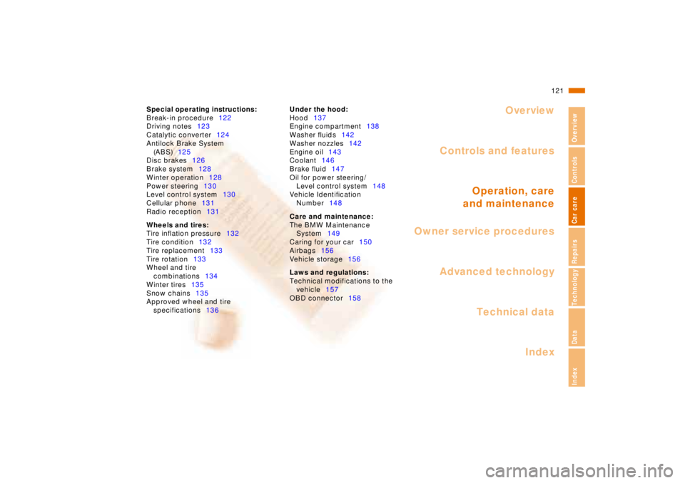 BMW 740I 1998  Owners Manual Overview
Controls and features
Operation, care
and maintenance
Owner service procedures
Technical data
Index Advanced technology
121n
RepairsIndexOverview Controls Car care Technology Data
Special ope