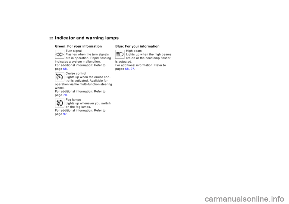 BMW 740I 1998  Owners Manual  
22n
 
Indicator and warning lamps
 
Green: For your information
 
Turn signal
Flashes when the turn signals 
are in operation. Rapid flashing 
indicates a system malfunction.
For additional informat
