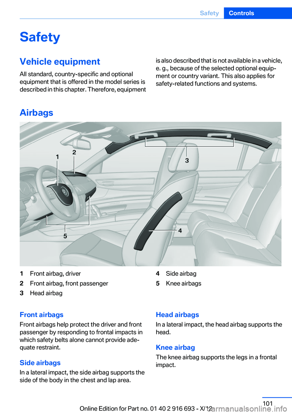 BMW 750I 2013  Owners Manual SafetyVehicle equipment
All standard, country-specific and optional
equipment that is offered in the model series is
described in this chapter. Therefore, equipmentis also described that is not availa