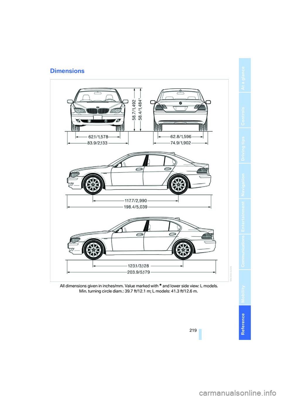 BMW 750I 2006 Owners Manual Reference 219
At a glance
Controls
Driving tips
Communications
Navigation
Entertainment
Mobility
Dimensions
All dimensions given in inches/mm. Value marked with * and lower side view: L models.
Min. BMW 750I 2006 Owners Manual Reference 219
At a glance
Controls
Driving tips
Communications
Navigation
Entertainment
Mobility
Dimensions
All dimensions given in inches/mm. Value marked with * and lower side view: L models.
Min.