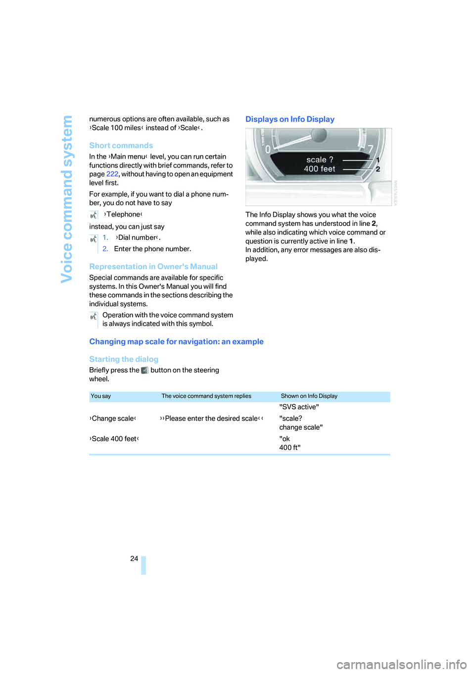 BMW 750I 2006  Owners Manual Voice command system
24 numerous options are often available, such as 
{Scale 100 miles} instead of {Scale}.
Short commands
In the {Main menu} level, you can run certain 
functions directly with brief