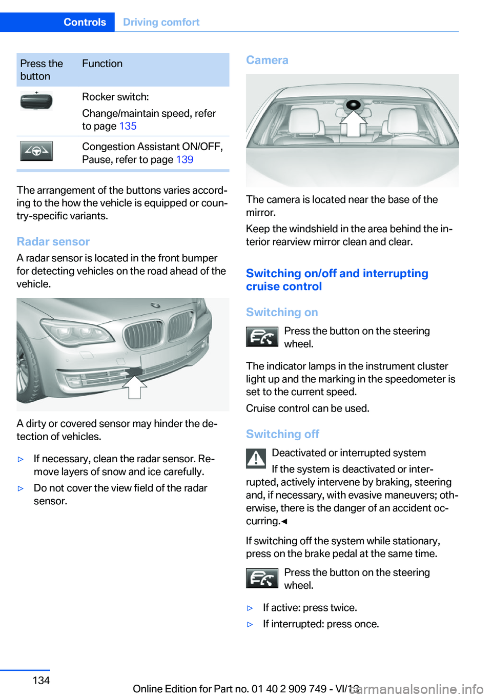 BMW 750I XDRIVE 2014  Owners Manual Press the
buttonFunctionRocker switch:
Change/maintain speed, refer
to page  135Congestion Assistant ON/OFF,
Pause, refer to page  139
The arrangement of the buttons varies accord‐
ing to the how th