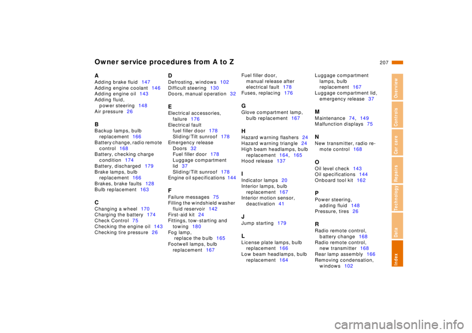 BMW 750IL SEDAN 1998  Owners Manual Repairs
Index
Overview
Controls
Car care
Technology
Data
Owner service procedures from A to Z207 n
A
Adding brake fluid 147
Adding engine coolant 146
Adding engine oil 143
Adding fluid,  power steerin