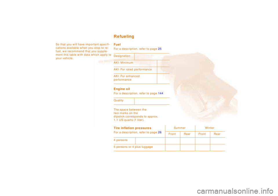 BMW 750IL SEDAN 1998 Owners Manual So that you will have important specifi-
cations available when you stop to re-
fuel, we recommend that you supple-
ment this table with data which apply to
your vehicle.
Fuel
For a description, re BMW 750IL SEDAN 1998 Owners Manual So that you will have important specifi-
cations available when you stop to re-
fuel, we recommend that you supple-
ment this table with data which apply to
your vehicle.
Fuel
For a description, re