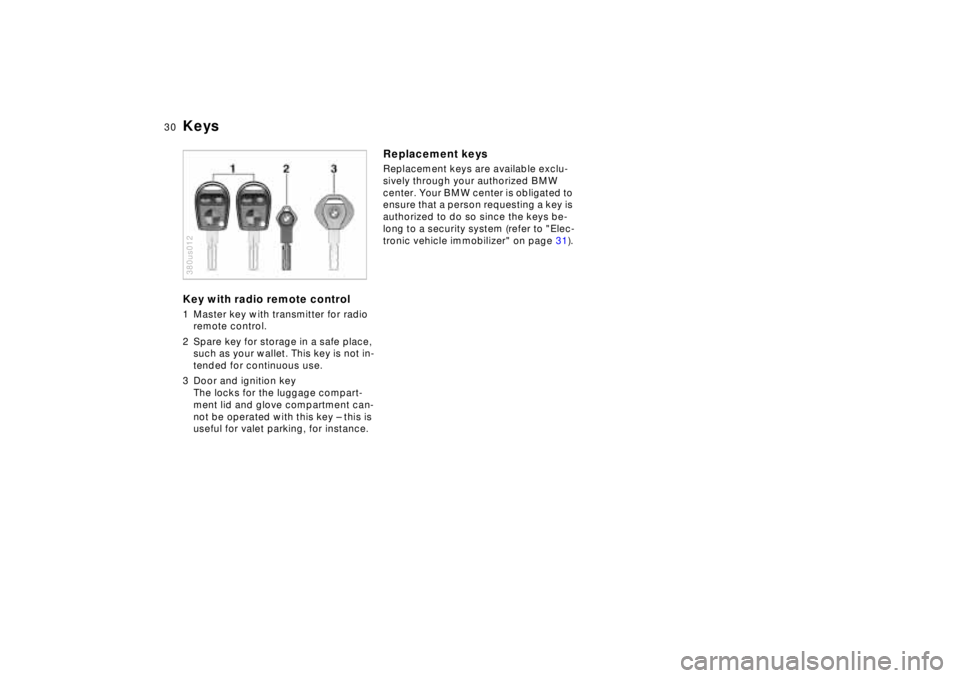 BMW 750IL SEDAN 1998 Owners Guide 30n
KeysKey with radio remote control1 Master key with transmitter for radio
remote control.
2 Spare key for storage in a safe place,
such as your wallet. This key is not in-
tended for continuous u BMW 750IL SEDAN 1998 Owners Guide 30n
KeysKey with radio remote control1 Master key with transmitter for radio
remote control.
2 Spare key for storage in a safe place,
such as your wallet. This key is not in-
tended for continuous u