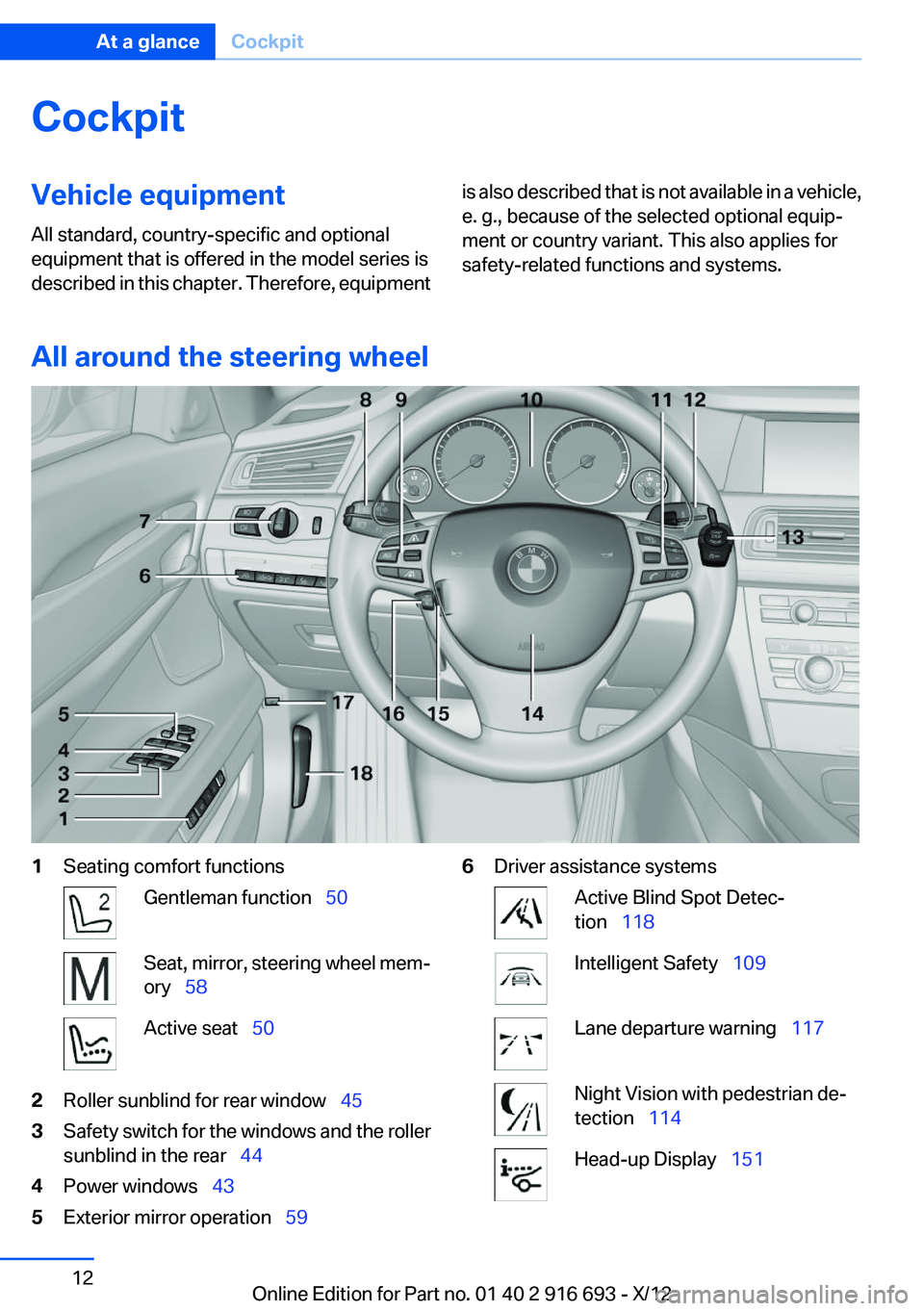 BMW 750LI XDRIVE 2013 User Guide CockpitVehicle equipment
All standard, country-specific and optional
equipment that is offered in the model series is
described in this chapter. Therefore, equipmentis also described that is not avail BMW 750LI XDRIVE 2013 User Guide CockpitVehicle equipment
All standard, country-specific and optional
equipment that is offered in the model series is
described in this chapter. Therefore, equipmentis also described that is not avail