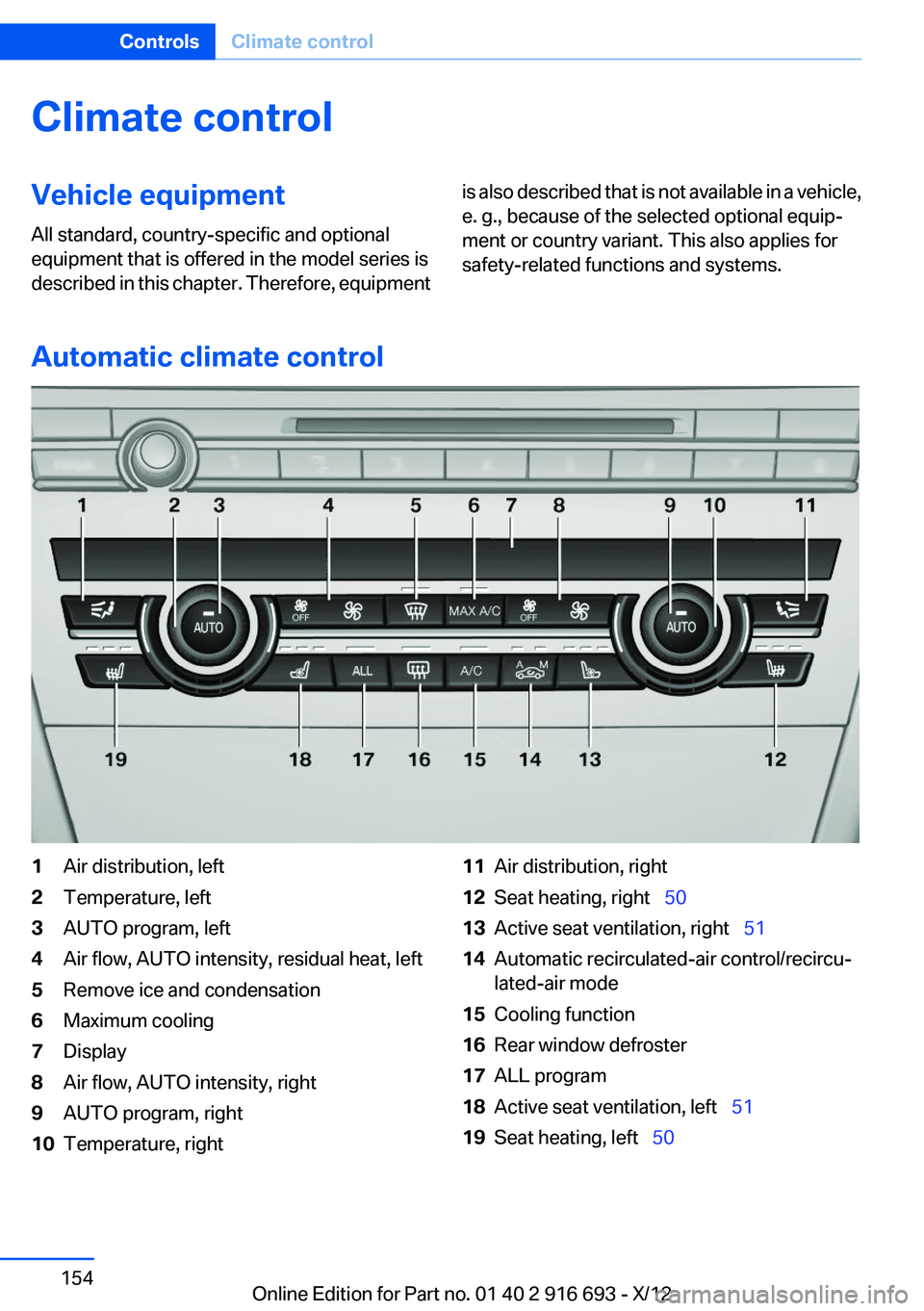 BMW 750LI XDRIVE 2013  Owners Manual Climate controlVehicle equipment
All standard, country-specific and optional
equipment that is offered in the model series is
described in this chapter. Therefore, equipmentis also described that is n