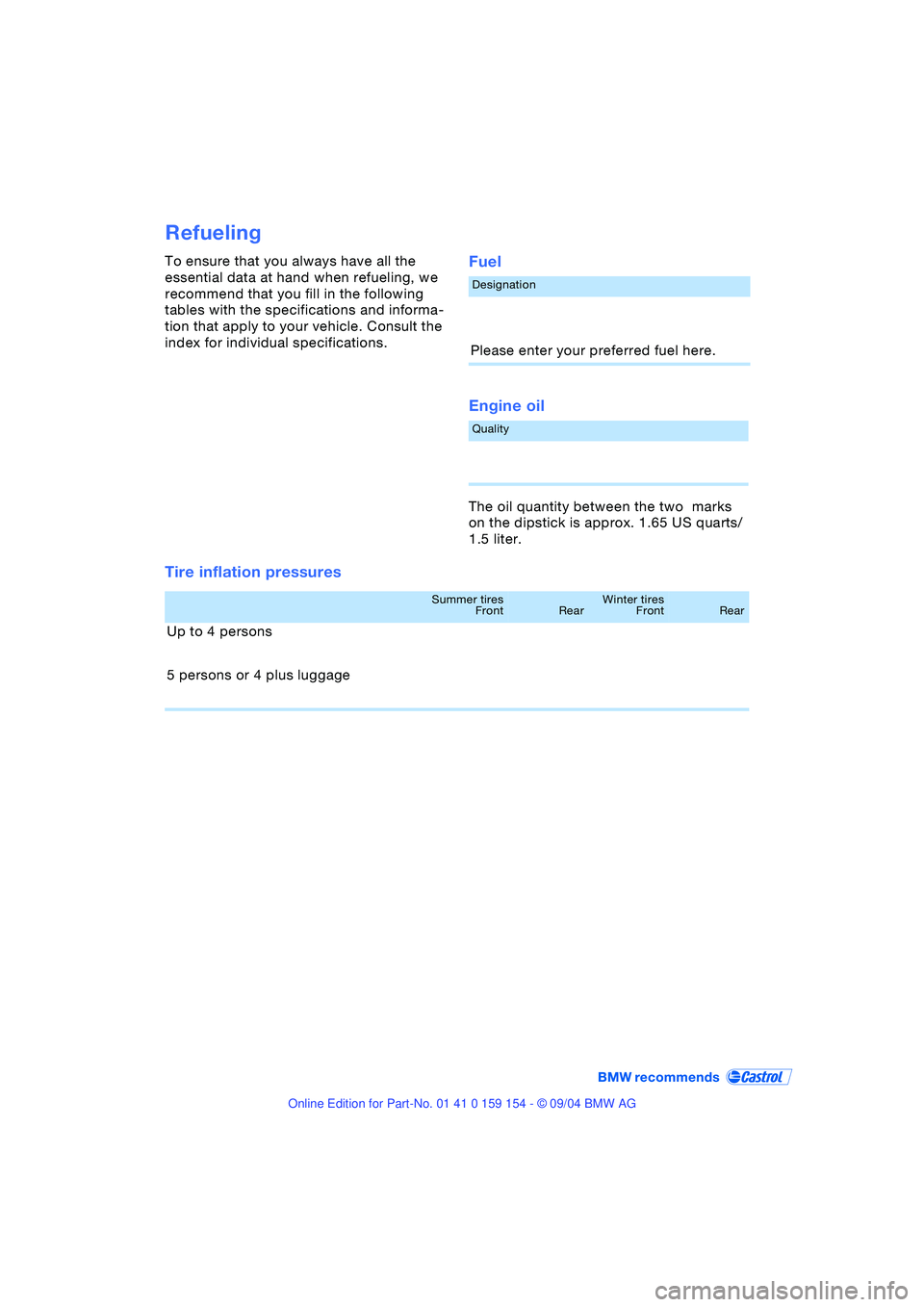 BMW 760LI SEDAN 2005  Owners Manual Refueling
To ensure that you always have all the 
essential data at hand when refueling, we 
recommend that you fill in the following 
tables with the specifications and informa-
tion that apply to yo