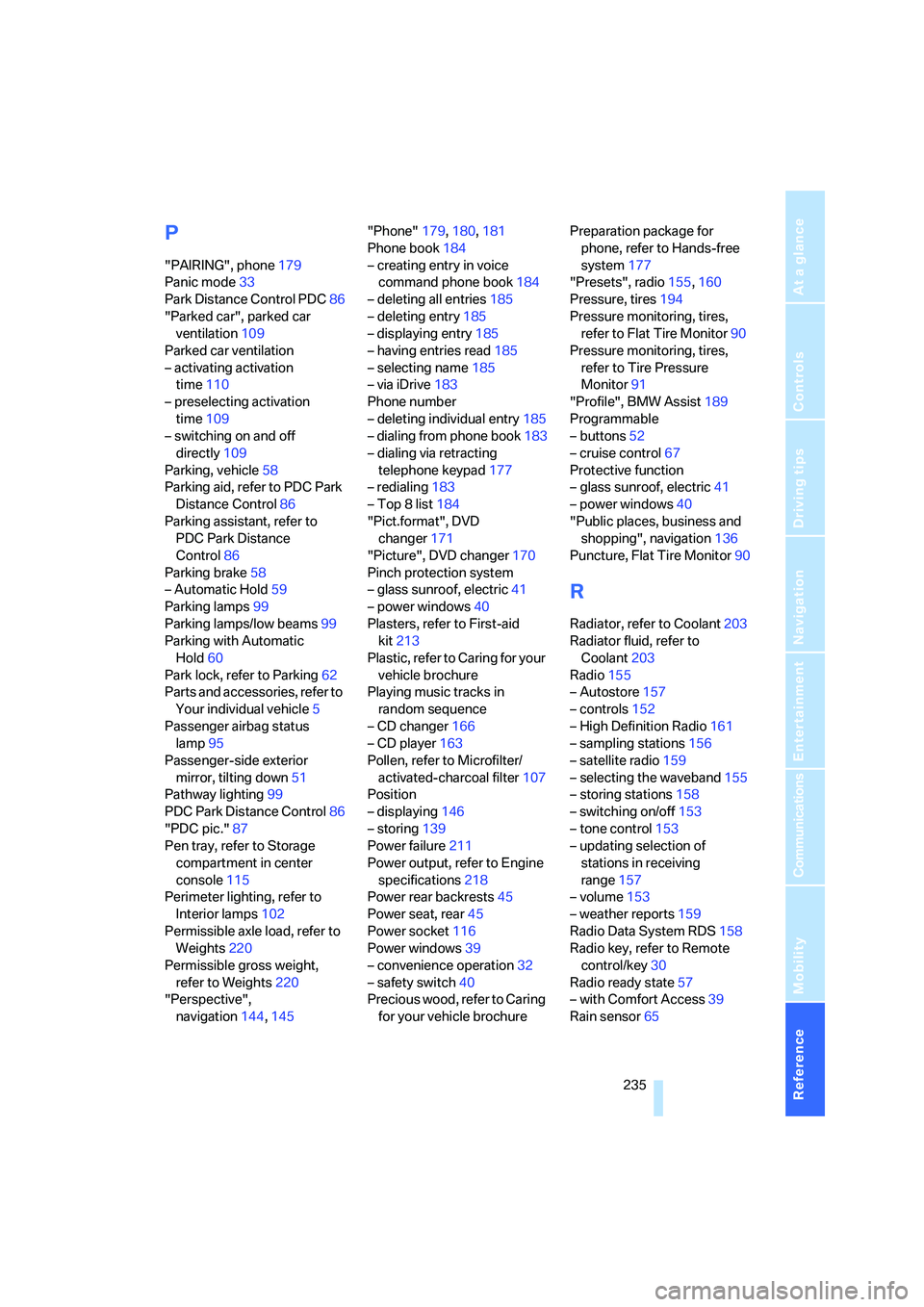 BMW 760LI 2006 Owners Guide Reference 235
At a glance
Controls
Driving tips
Communications
Navigation
Entertainment
Mobility
P
"PAIRING", phone179
Panic mode33
Park Distance Control PDC86
"Parked car", parked car 
ventilation109