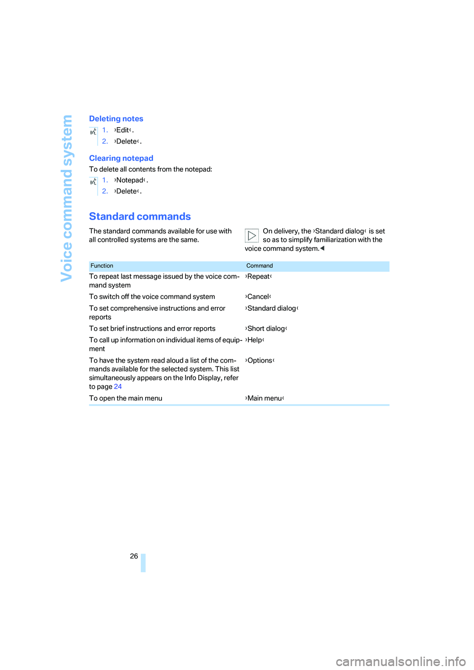 BMW 760LI 2006 Owners Manual Voice command system
26
Deleting notes
Clearing notepad
To delete all contents from the notepad:
Standard commands
The standard commands available for use with 
all controlled systems are the same.On 