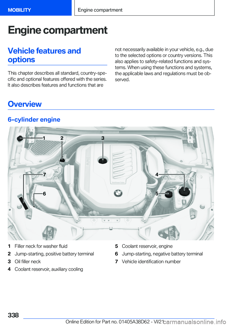 BMW 8 SERIES 2022  Owners Manual �E�n�g�i�n�e��c�o�m�p�a�r�t�m�e�n�t�V�e�h�i�c�l�e��f�e�a�t�u�r�e�s��a�n�d�o�p�t�i�o�n�s
�T�h�i�s��c�h�a�p�t�e�r��d�e�s�c�r�i�b�e�s��a�l�l��s�t�a�n�d�a�r�d�,��c�o�u�n�t�r�y�-�s�p�e#j�c�i�f�i�c�