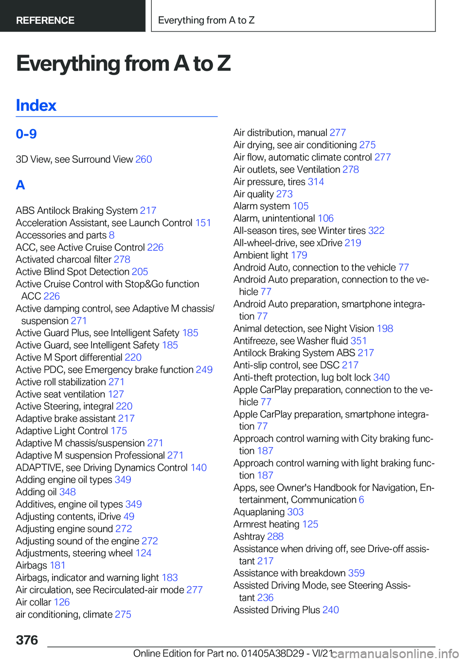 BMW 8 SERIES CONVERTIBLE 2022  Owners Manual �E�v�e�r�y�t�h�i�n�g��f�r�o�m��A��t�o��Z�I�n�d�e�x�0�-�9 �3�D��V�i�e�w�,��s�e�e��S�u�r�r�o�u�n�d��V�i�e�w� �2�6�0�
�A �A�B�S��A�n�t�i�l�o�c�k��B�r�a�k�i�n�g��S�y�s�t�e�m� �2�1�7�
�A�c�c