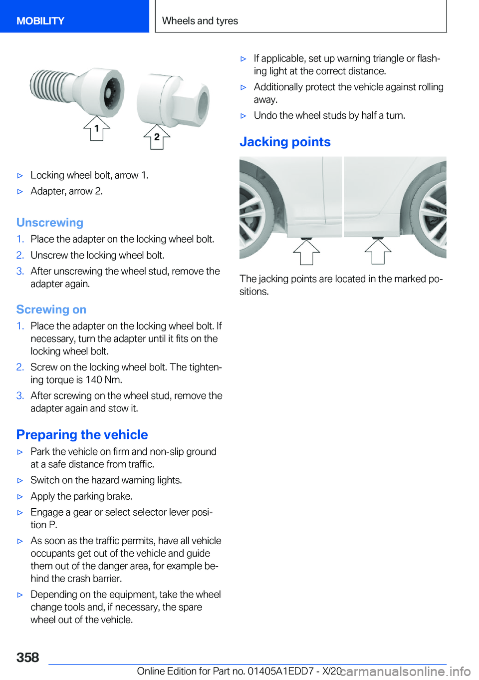 BMW 8 SERIES CONVERTIBLE 2021  Owners Manual 'x�L�o�c�k�i�n�g��w�h�e�e�l��b�o�l�t�,��a�r�r�o�w��1�.'x�A�d�a�p�t�e�r�,��a�r�r�o�w��2�.
�U�n�s�c�r�e�w�i�n�g
�1�.�P�l�a�c�e��t�h�e��a�d�a�p�t�e�r��o�n��t�h�e��l�o�c�k�i�n�g��w�h�e