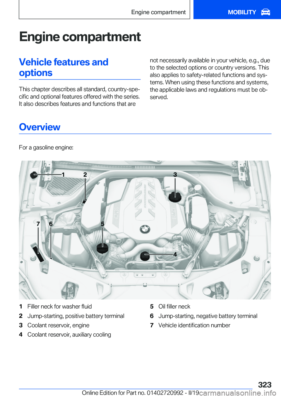 BMW 8 SERIES CONVERTIBLE 2019  Owners Manual �E�n�g�i�n�e��c�o�m�p�a�r�t�m�e�n�t�V�e�h�i�c�l�e��f�e�a�t�u�r�e�s��a�n�d�o�p�t�i�o�n�s
�T�h�i�s��c�h�a�p�t�e�r��d�e�s�c�r�i�b�e�s��a�l�l��s�t�a�n�d�a�r�d�,��c�o�u�n�t�r�y�-�s�p�ej�c�i�f�i�c�