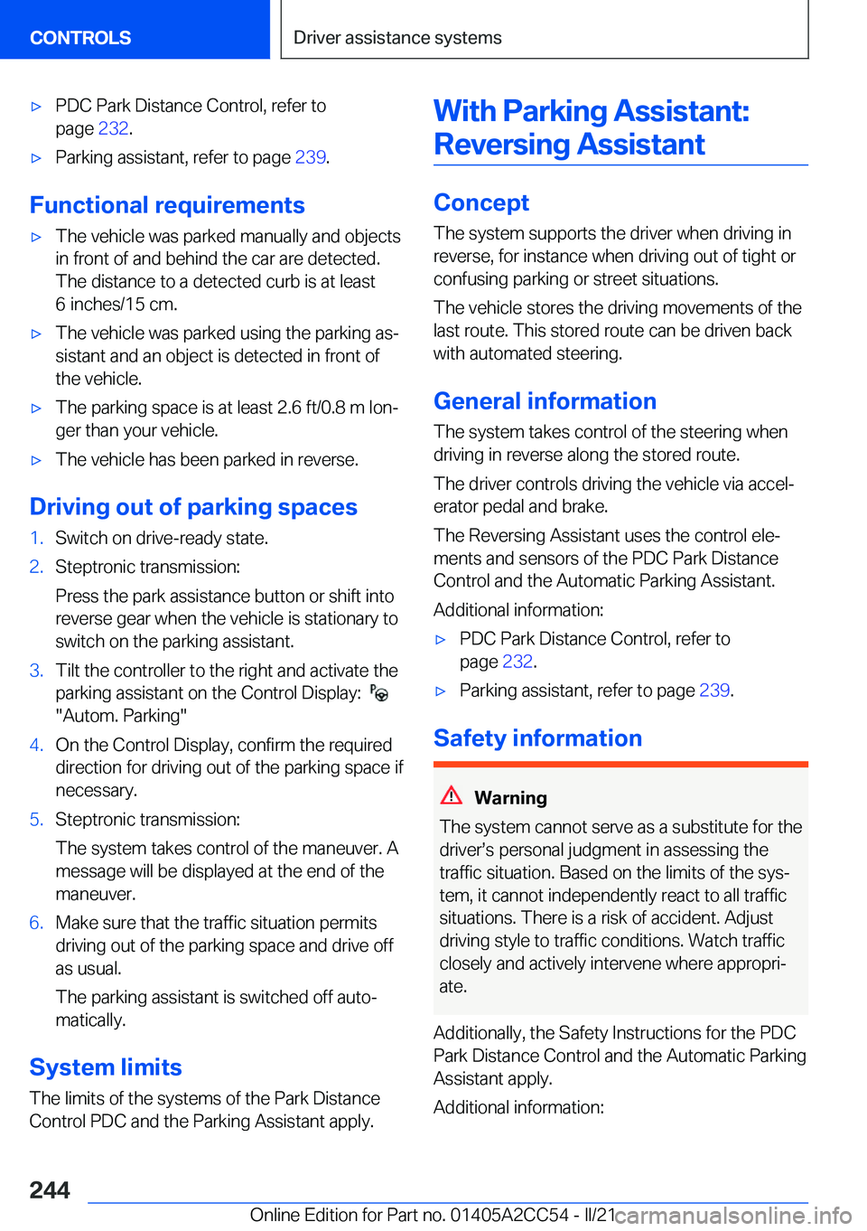 BMW 8 SERIES COUPE 2022  Owners Manual 'x�P�D�C��P�a�r�k��D�i�s�t�a�n�c�e��C�o�n�t�r�o�l�,��r�e�f�e�r��t�o
�p�a�g�e� �2�3�2�.'x�P�a�r�k�i�n�g��a�s�s�i�s�t�a�n�t�,��r�e�f�e�r��t�o��p�a�g�e� �2�3�9�.
�F�u�n�c�t�i�o�n�a�l�