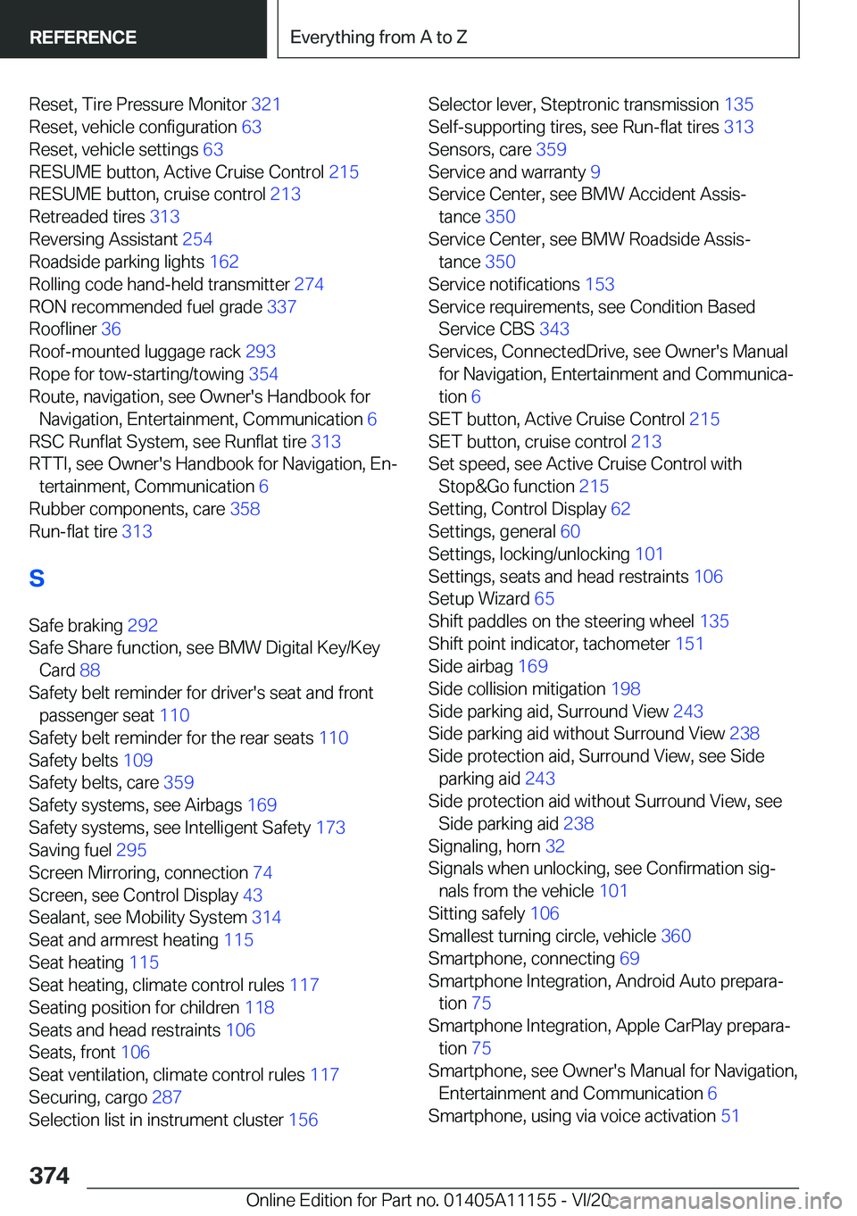 BMW 8 SERIES COUPE 2021  Owners Manual �R�e�s�e�t�,��T�i�r�e��P�r�e�s�s�u�r�e��M�o�n�i�t�o�r��3�2�1�
�R�e�s�e�t�,��v�e�h�i�c�l�e��c�o�n�f�i�g�u�r�a�t�i�o�n� �6�3�
�R�e�s�e�t�,��v�e�h�i�c�l�e��s�e�t�t�i�n�g�s� �6�3�
�R�E�S�U�M�