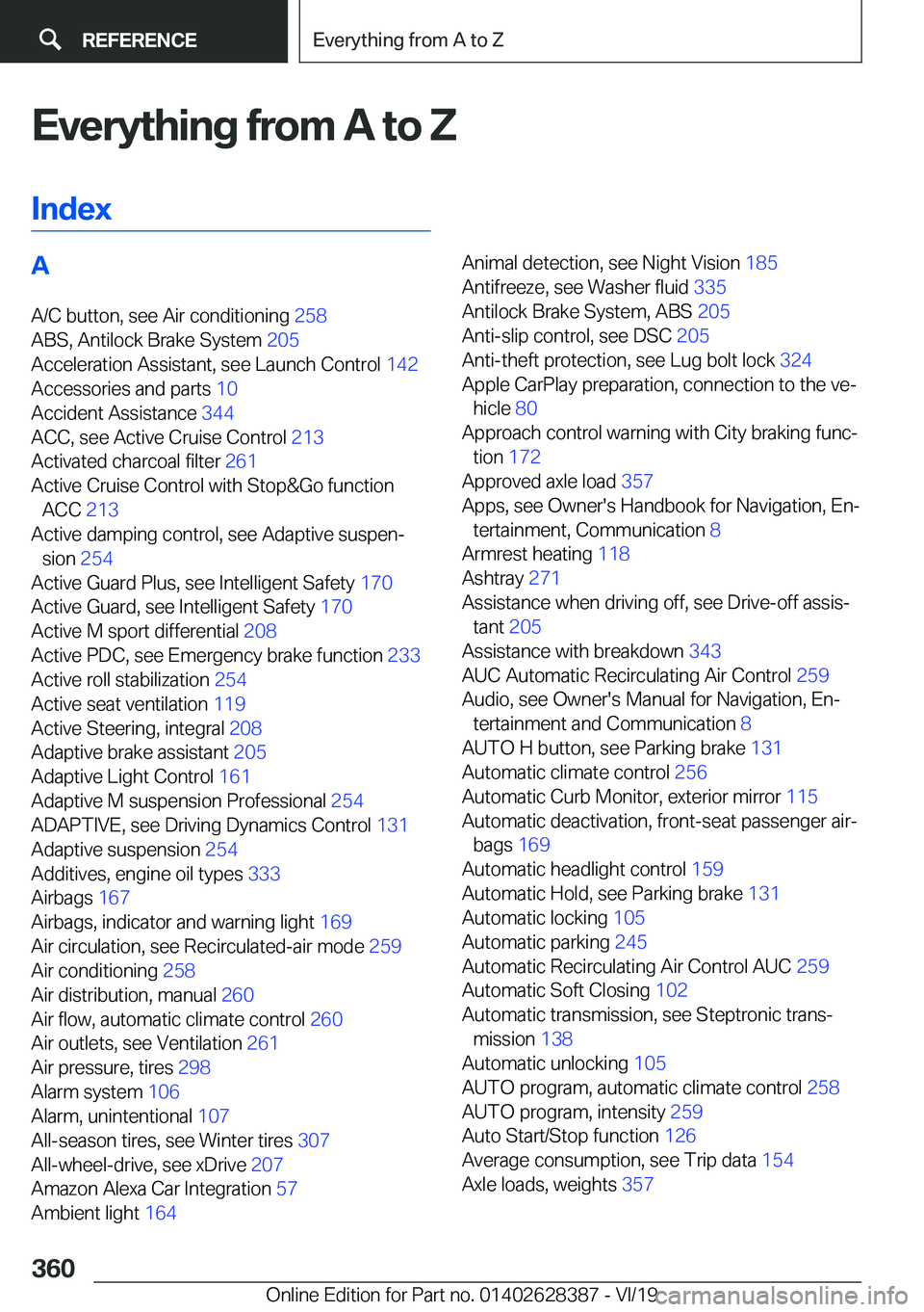 BMW 8 SERIES COUPE 2020  Owners Manual �E�v�e�r�y�t�h�i�n�g��f�r�o�m��A��t�o��Z�I�n�d�e�x�A �A�/�C��b�u�t�t�o�n�,��s�e�e��A�i�r��c�o�n�d�i�t�i�o�n�i�n�g� �2�5�8�
�A�B�S�,��A�n�t�i�l�o�c�k��B�r�a�k�e��S�y�s�t�e�m� �2�0�5�
�A�