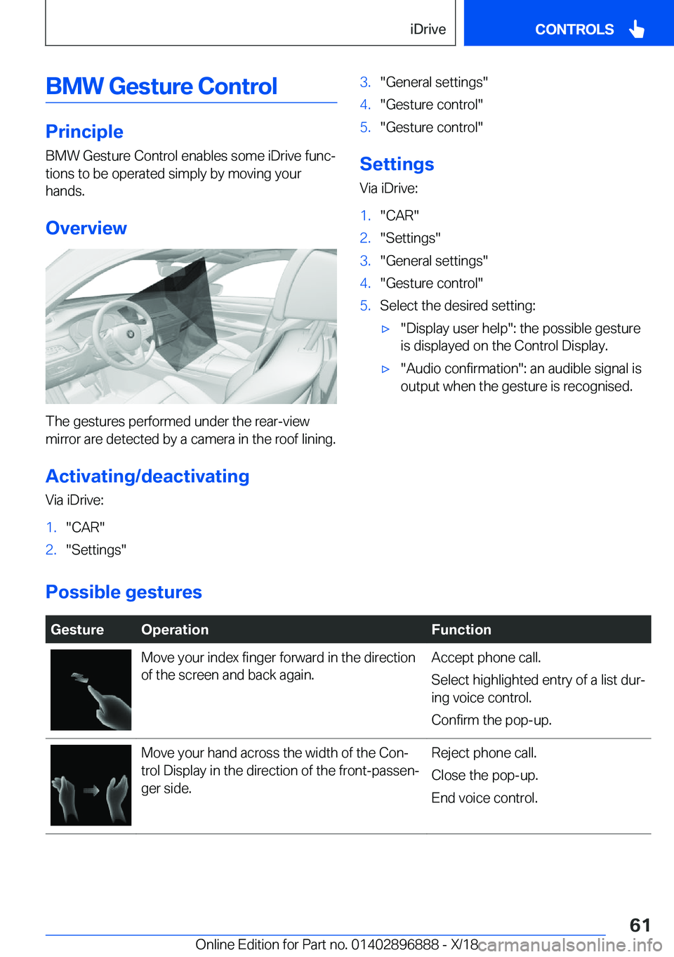 BMW 8 SERIES COUPE 2019 Repair Manual �B�M�W��G�e�s�t�u�r�e��C�o�n�t�r�o�l
�P�r�i�n�c�i�p�l�e�B�M�W��G�e�s�t�u�r�e��C�o�n�t�r�o�l��e�n�a�b�l�e�s��s�o�m�e��i�D�r�i�v�e��f�u�n�cj
�t�i�o�n�s��t�o��b�e��o�p�e�r�a�t�e�d��s�i�m�p�l