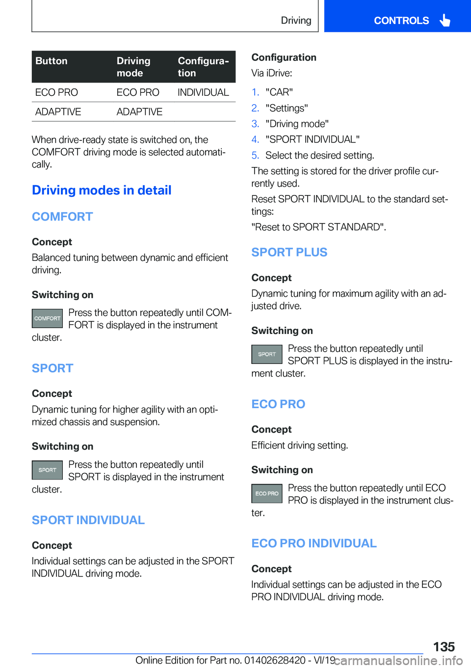 BMW 8 SERIES GRAN COUPE 2020  Owners Manual �B�u�t�t�o�n�D�r�i�v�i�n�g
�m�o�d�e�C�o�n�f�i�g�u�r�aj
�t�i�o�n�E�C�O��P�R�O�E�C�O��P�R�O�I�N�D�I�V�I�D�U�A�L�A�D�A�P�T�I�V�E�A�D�A�P�T�I�V�E
�W�h�e�n��d�r�i�v�e�-�r�e�a�d�y��s�t�a�t�e��i�s��s�